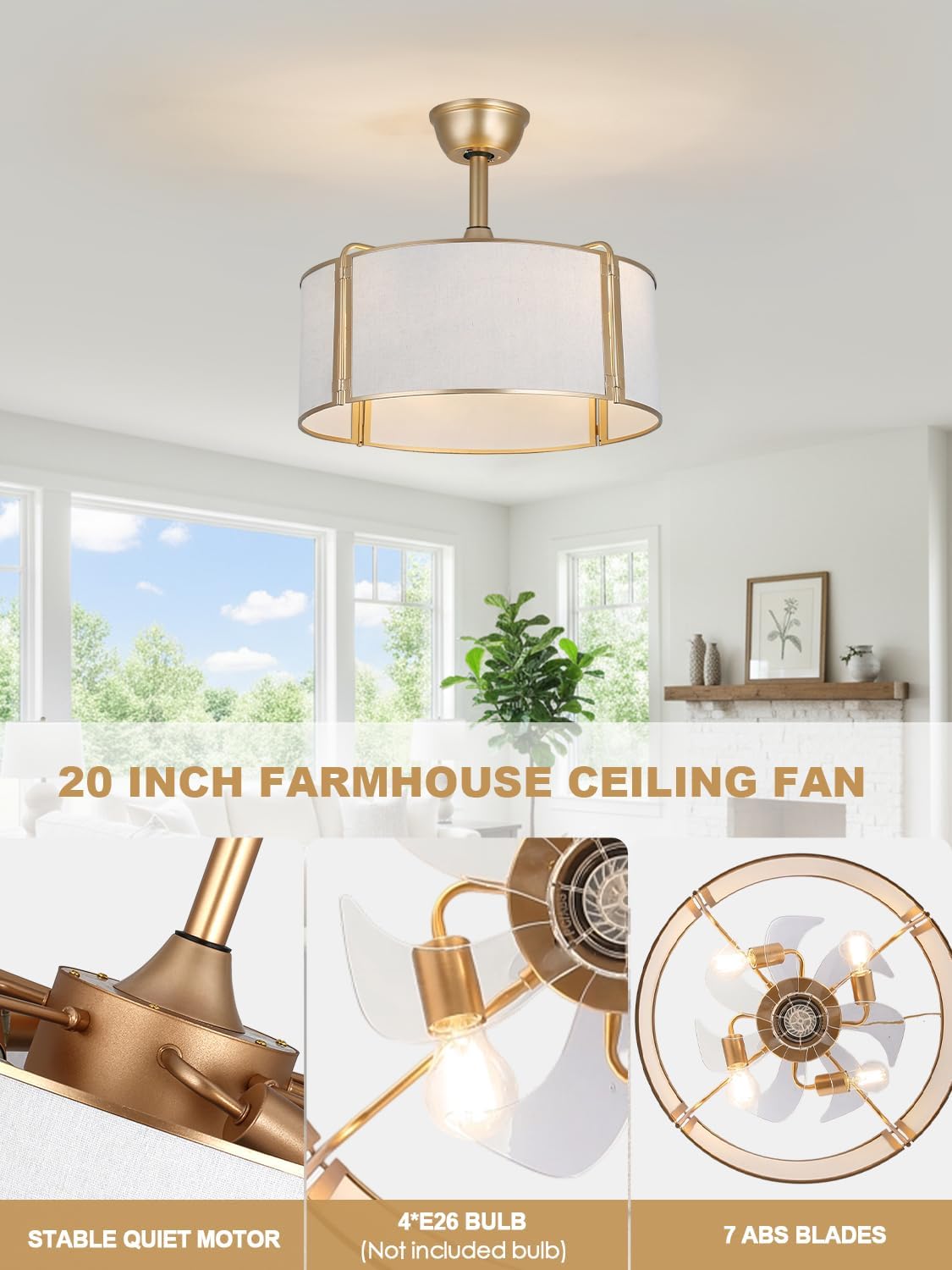 20' Gold Caged Boho Fandelier Ceiling Fan with Light, Bladeless Flush Mount Chandelier Fan with Remote Control, 6 Speeds Quiet Reversible Motor for Bedroom, Nursery, Foyer, Dining Room, Living Room