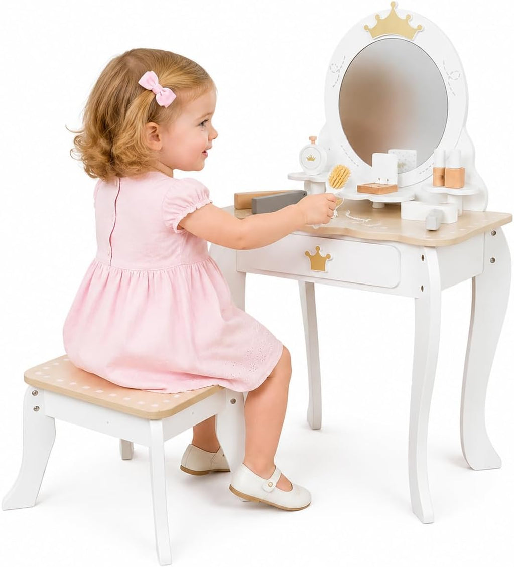 Little Girls Makeup Table with Mirror and Chair, Kids Vanity Table&Chair Set with Storage Drawer,Toddler Pretend Play Vanity Set with 9 pcs Multiple Make up Accessories,Princess Vanity Desk for 3+Kid