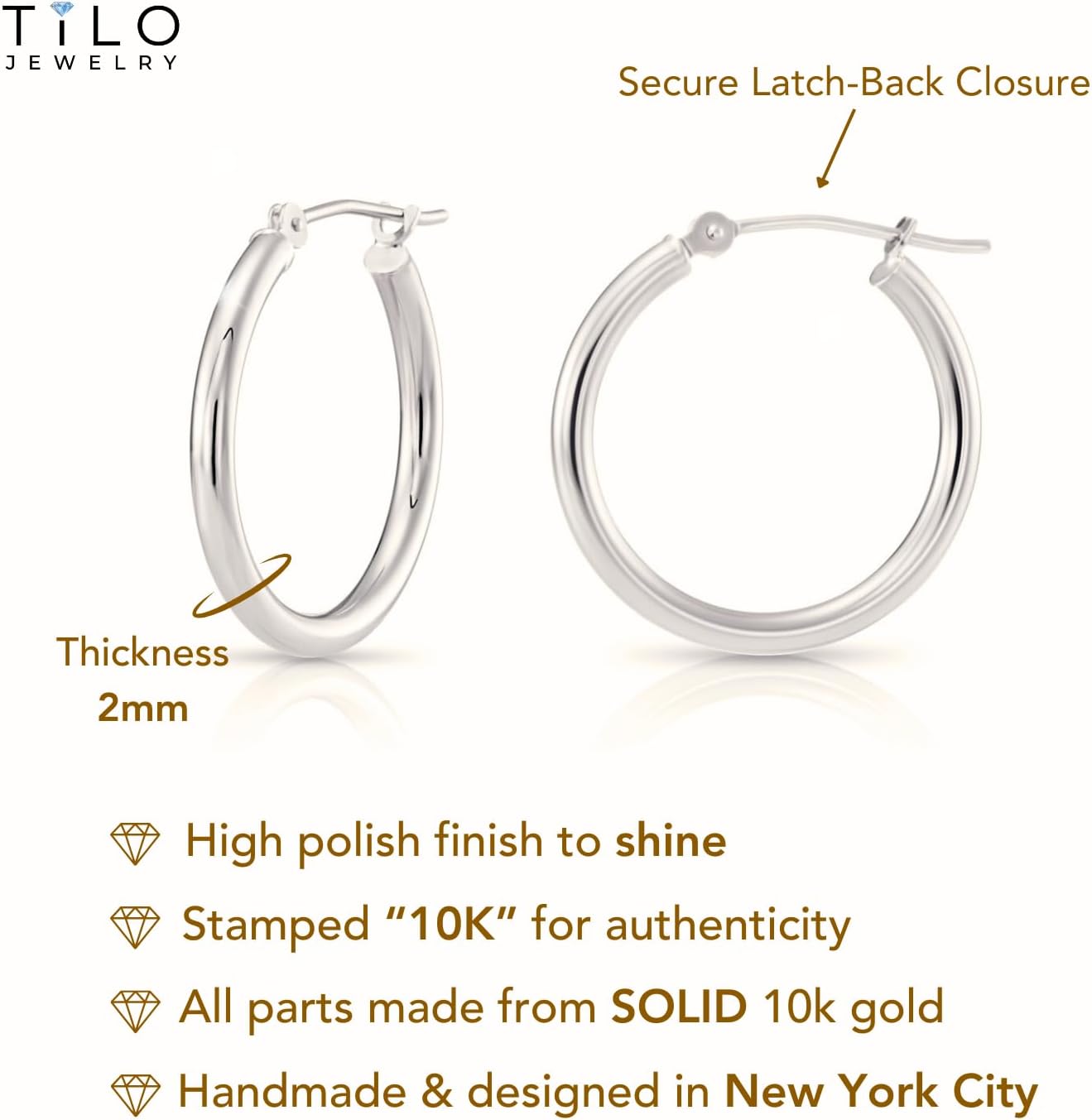 Classic 10K White Gold Hoop Earrings - Shiny Polished Plain Round Gold Hoops for Women and Men