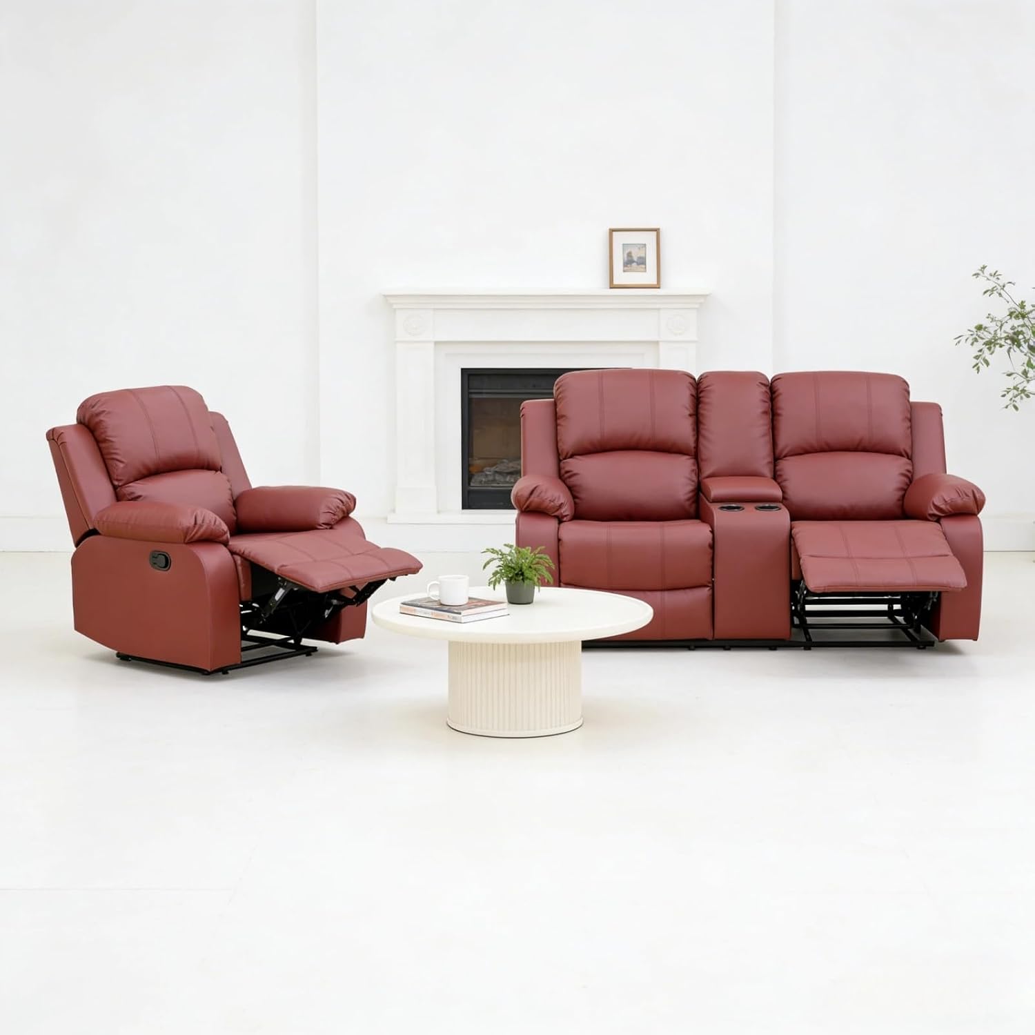 2-Piece Leather Manual Recliner Sofa Set, Adjustable Backrest Reclining Loveseat Sofa & Recliner Chair with Storage Console & Cup Holders for House, Home Theater, Red