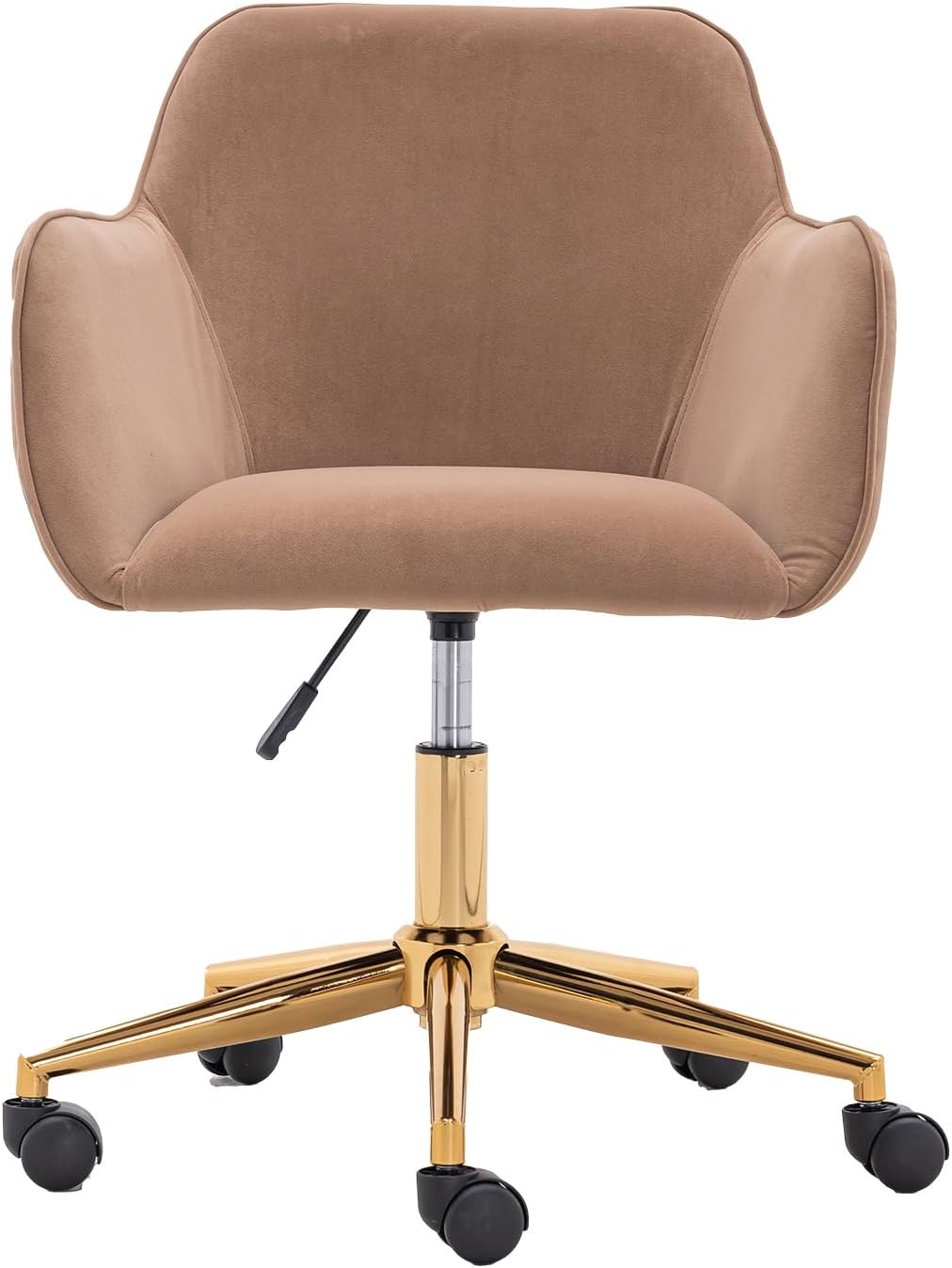 Modern Velvet, Height Adjustable, 360° Swivel Office Chair, Upholstered Cosmetic Dresser Armchair with Metal Feet and Backrest, Bedroom Furniture Light Coffee