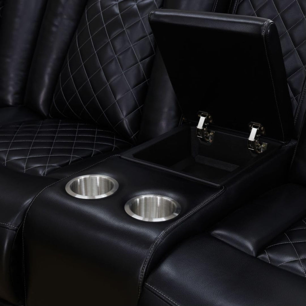 Reclining Sectional, Power Sectional Couch, Leather Sofa Set for Living Room, Comfy Home Theater Seating with USB 2.0 Charging Ports, LED Light Strips, Fold-Down Table & Cupholders (Black, 3-Piece)