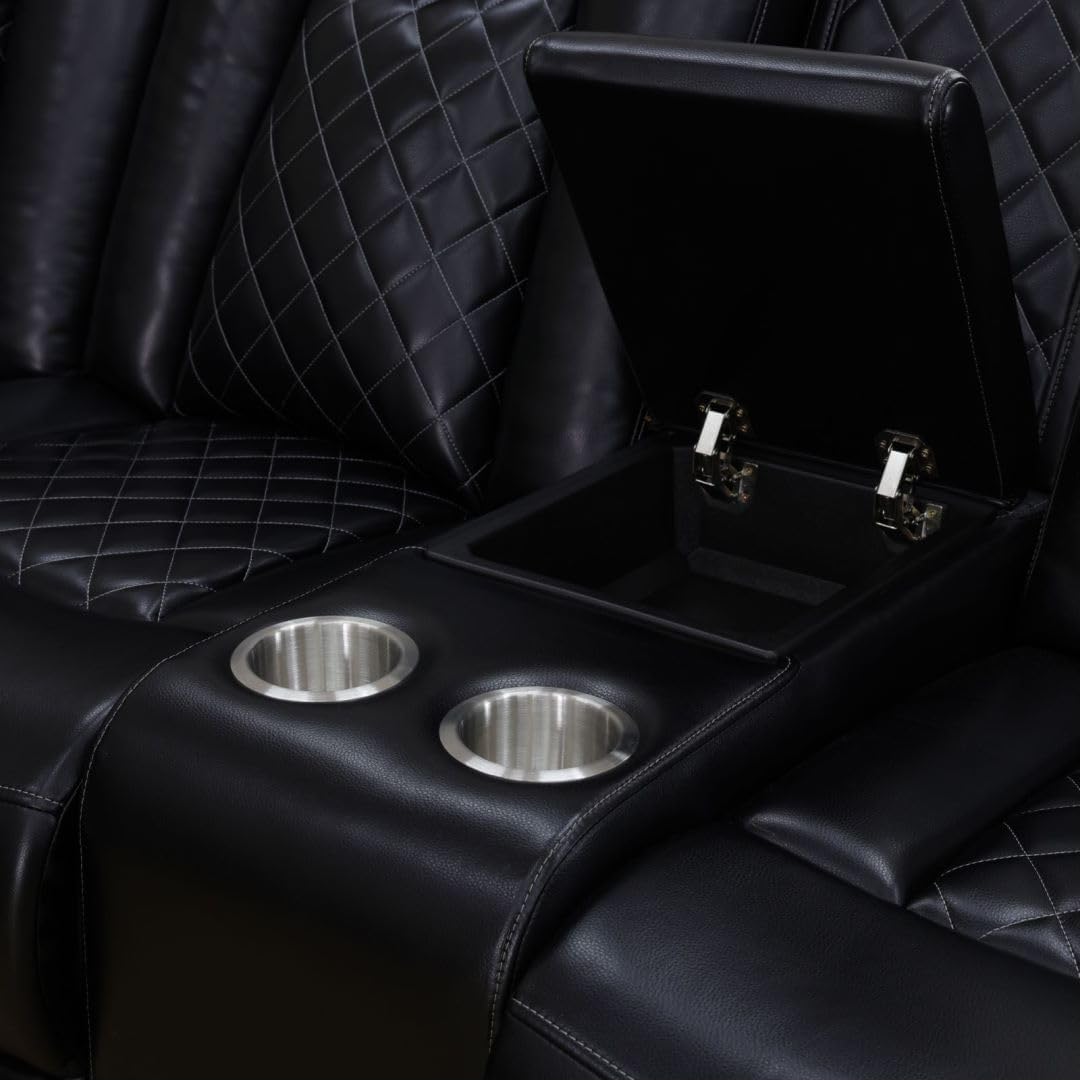 Reclining Sectional, Power Sectional Couch, Leather Sofa Set for Living Room, Comfy Home Theater Seating with USB 2.0 Charging Ports, LED Light Strips, Fold-Down Table & Cupholders (Black, 3-Piece)