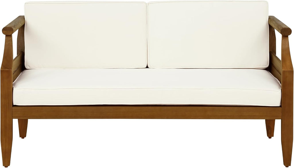 Linon Harbor Oiled Acacia Wood Two Piece Outdoor Set with Revmoable Cream Cushions Includes Loveseat and Coffee Table
