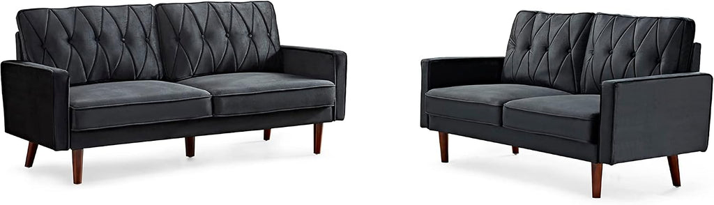 Container Furniture Modern Style Tufted Velvet Couches for Living Room with Soft Fabric Upholstery and Solid Wood Frame, 2 Piece Sofa and Loveseat Set, Black
