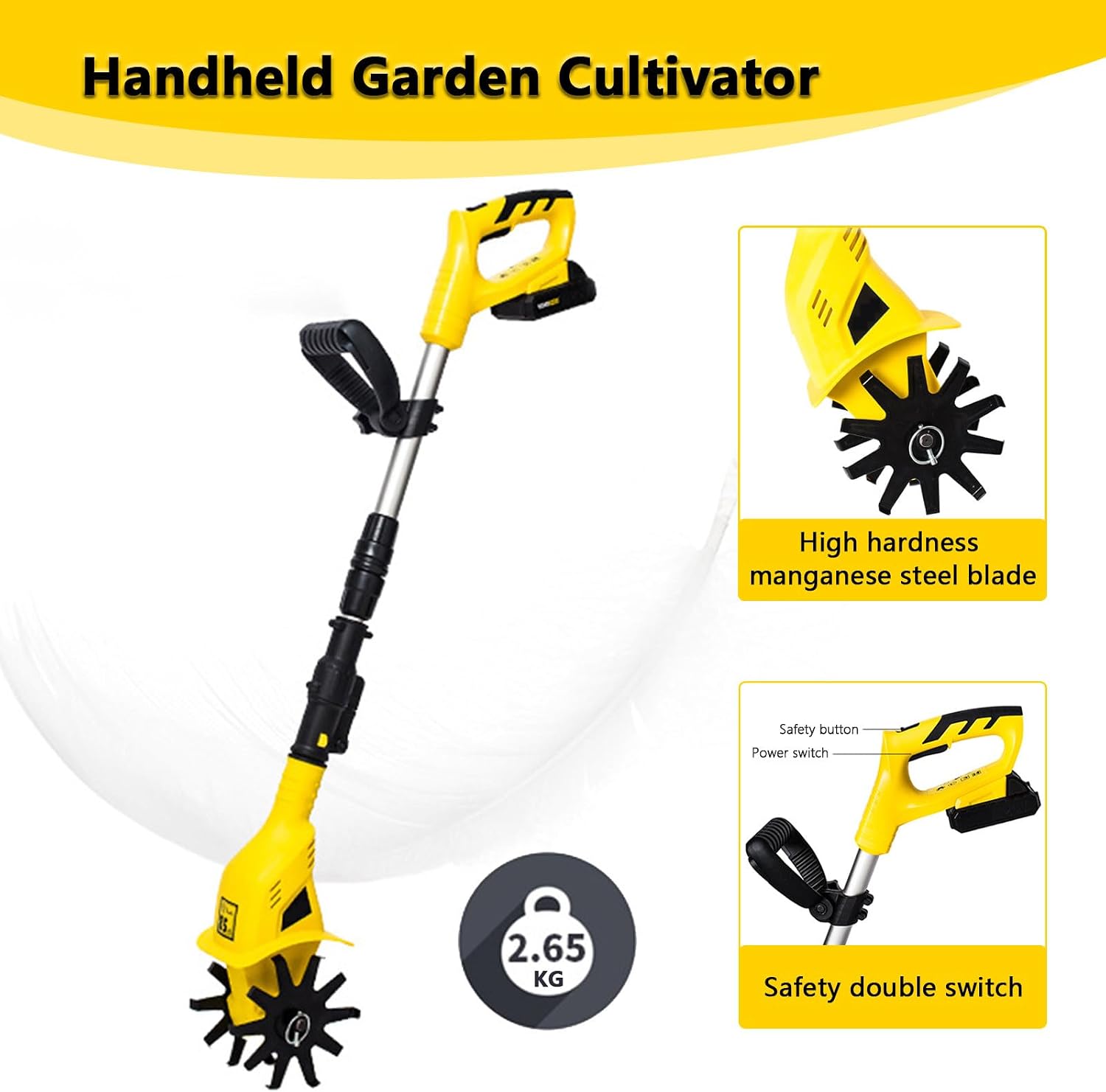 Electric Garden Tiller, Rototiller Tool with Aluminum Alloy Telescopic Rod, Ergonomic Handle, Electric Garden Rototiller for Garden Lawn Soil Digging, Included Battery
