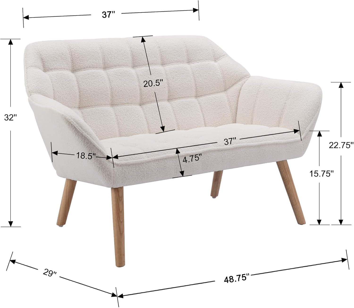48'Small Loveseat Sofa, Modern Sherpa Upholstered Mini Couch 2-Seater Fluffy Love Seat with Quilting Backs and Wood Legs for Living Room, Bedroom and Small Space, White