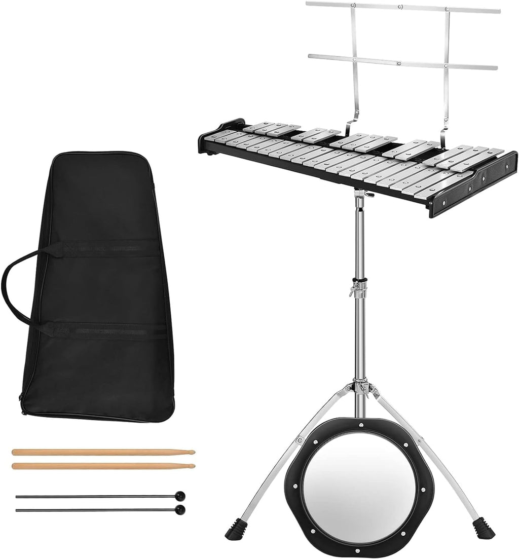 MEDIMALL 32 Notes Glockenspiel Kits, Percussion Xylophone with Adjustable Stand, Music Stand, 8' Practice Pad, Bell Mallets, Wood Drumsticks & Carrying Bag, Glockenspiel for Beginners & Professionals