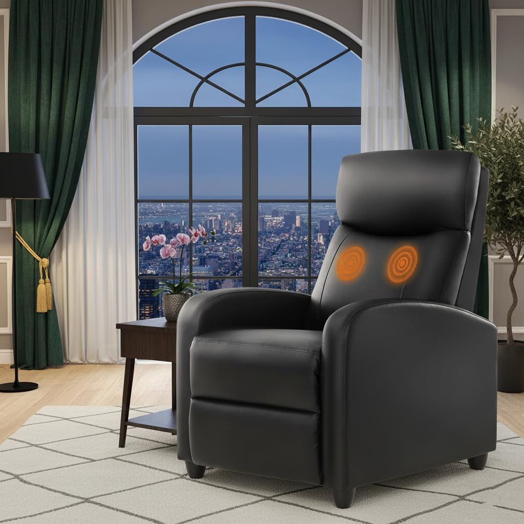 Simple Deluxe Massage Recliner Chair - Adjustable PU Leather Recliner, Luxe Reading Chair & Sofa Chair for Living Room Chairs or Bedroom Chair, Small Recliner for Home Theater, Black