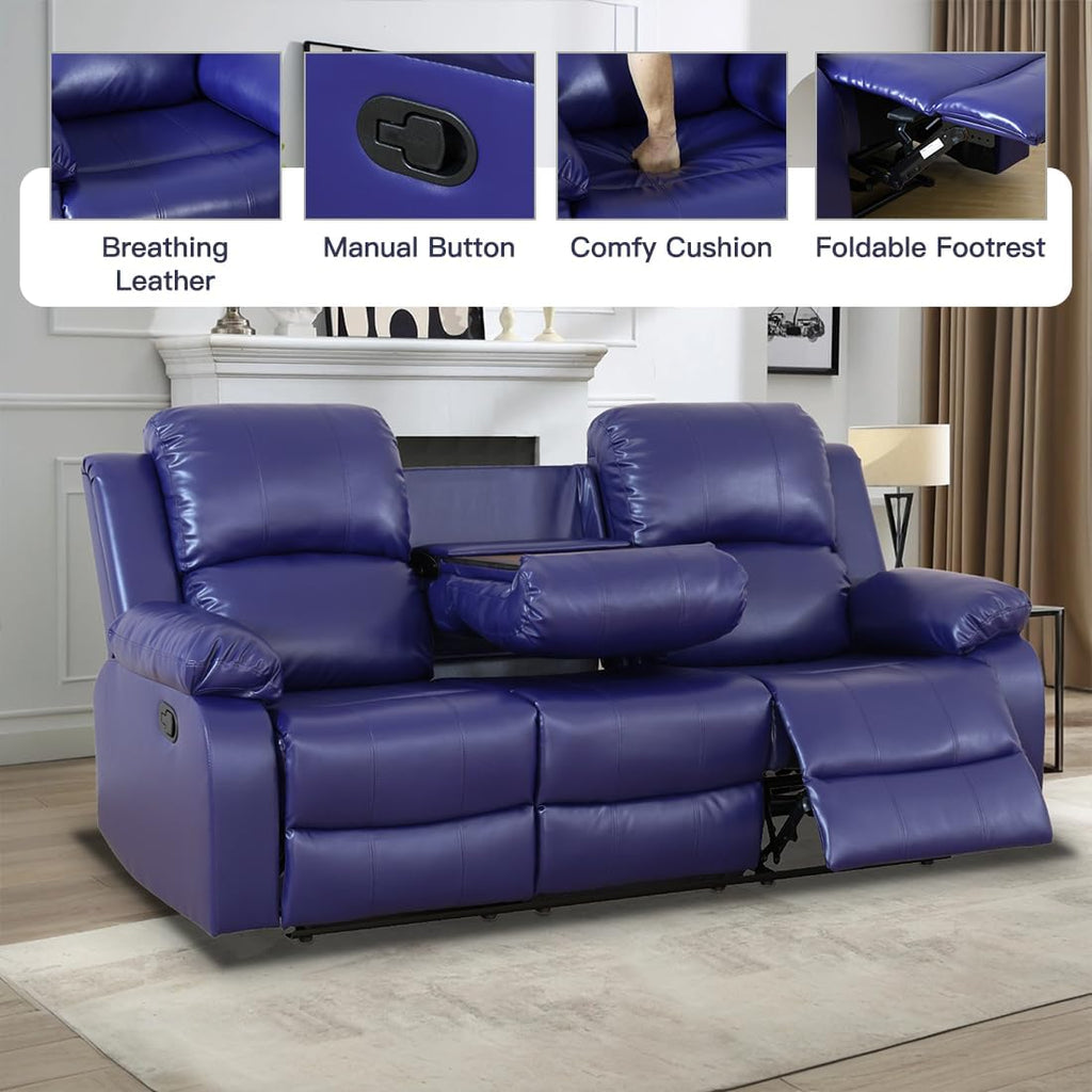 Living Room Furniture Set, Manual Reclining Sofa Set, Blue Leather Recliner Couch Sets with Drop-Down Table, Recliner Sofa with Storage Console/Cup Holder for Living Room/Apartment