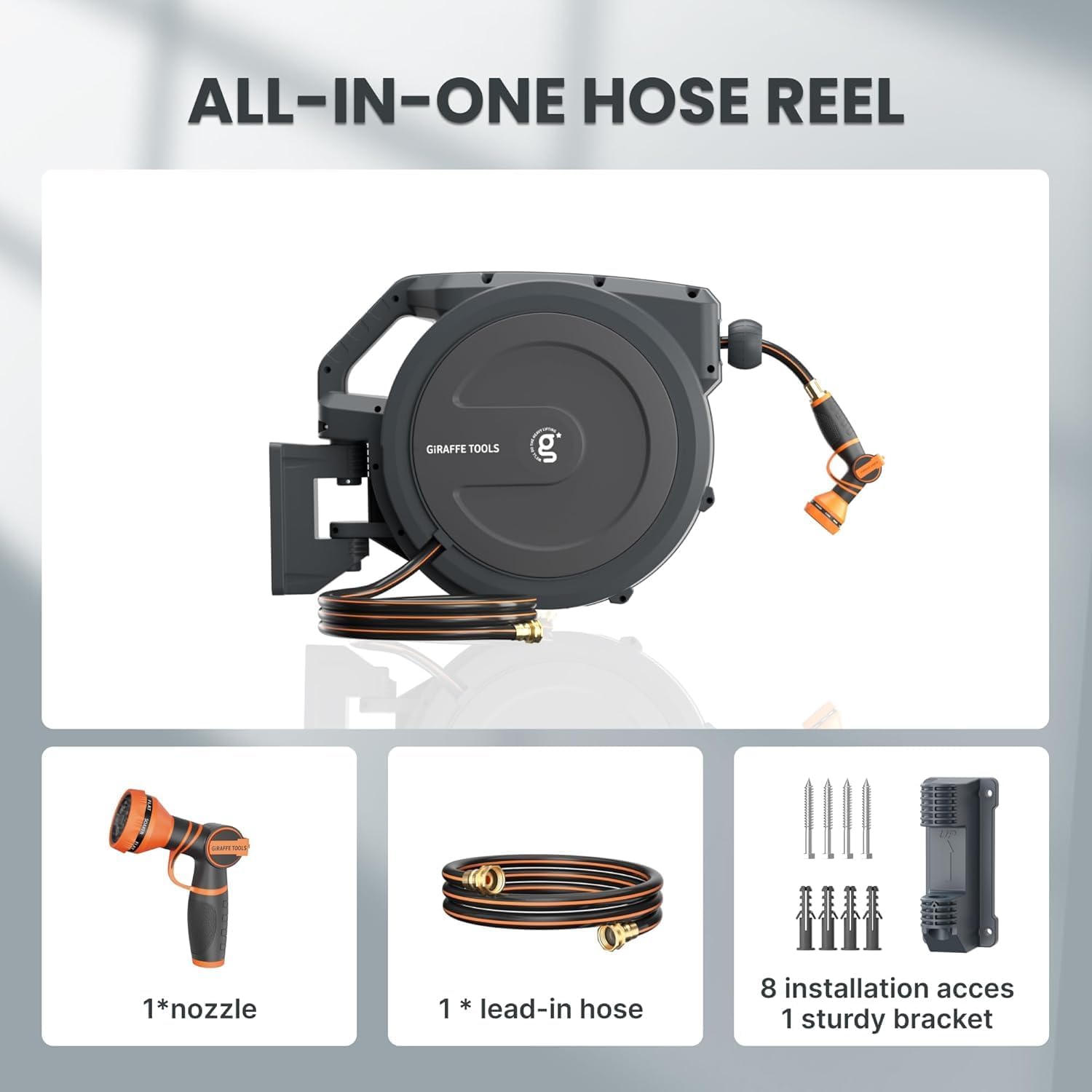 Giraffe Tools AW30 Wall Mounted 1/2' x 100 ft Garden Hose Reel, Retractable Water Hose Reel, Automatic Rewind & Lock at Any Length