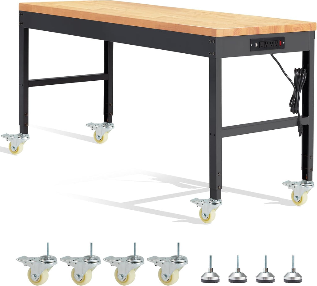 HABUTWAY Height Adjustable Workbench with Wheels 60' 2000 Lbs Capacity Solid Wood Work Station Heavy-Duty Rolling Work Tables for Garage Party Shop Office