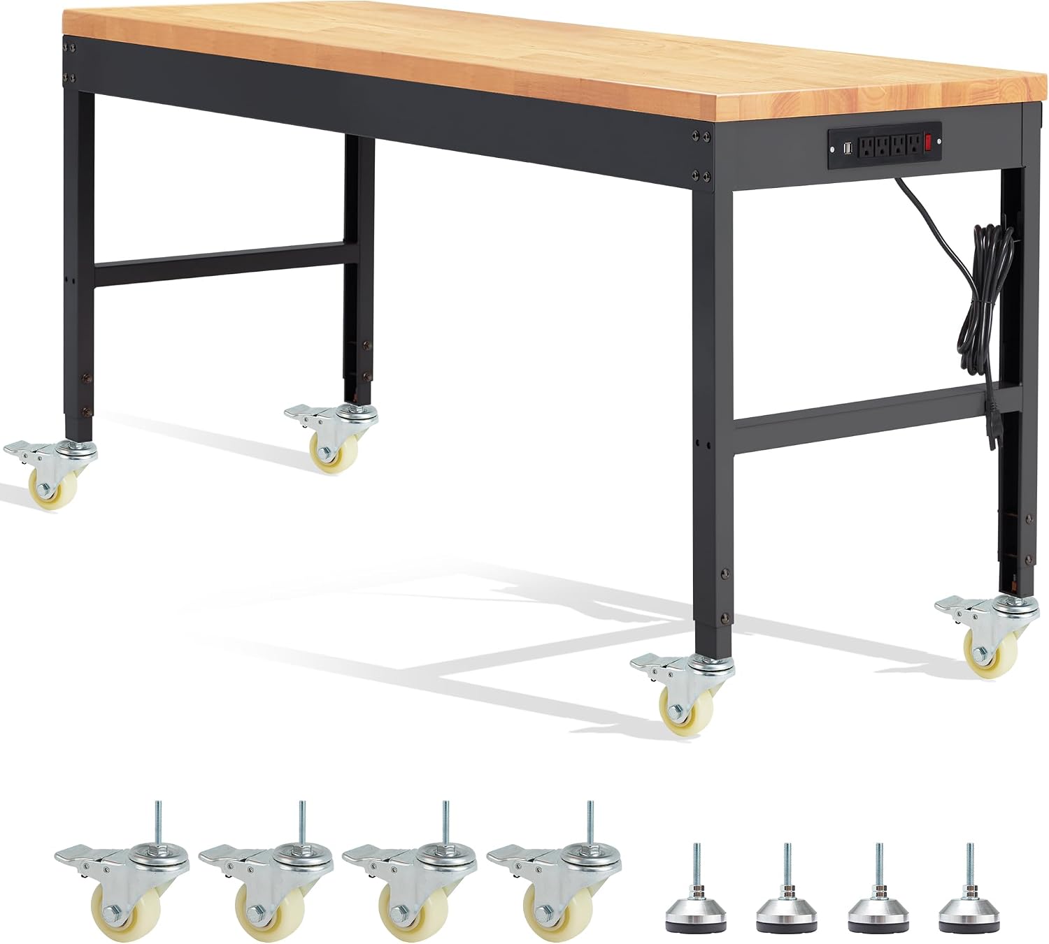 HABUTWAY Height Adjustable Workbench with Wheels 60' 2000 Lbs Capacity Solid Wood Work Station Heavy-Duty Rolling Work Tables for Garage Party Shop Office