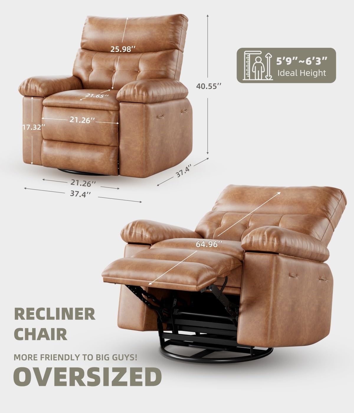 Oversized 360° Swivel Rocking Recliner Chair with Massage & Heat - Remote Control Lazy Chair for Adults, Ergonomic Recliner for Living Room, Bedroom, Nursery, Vintage