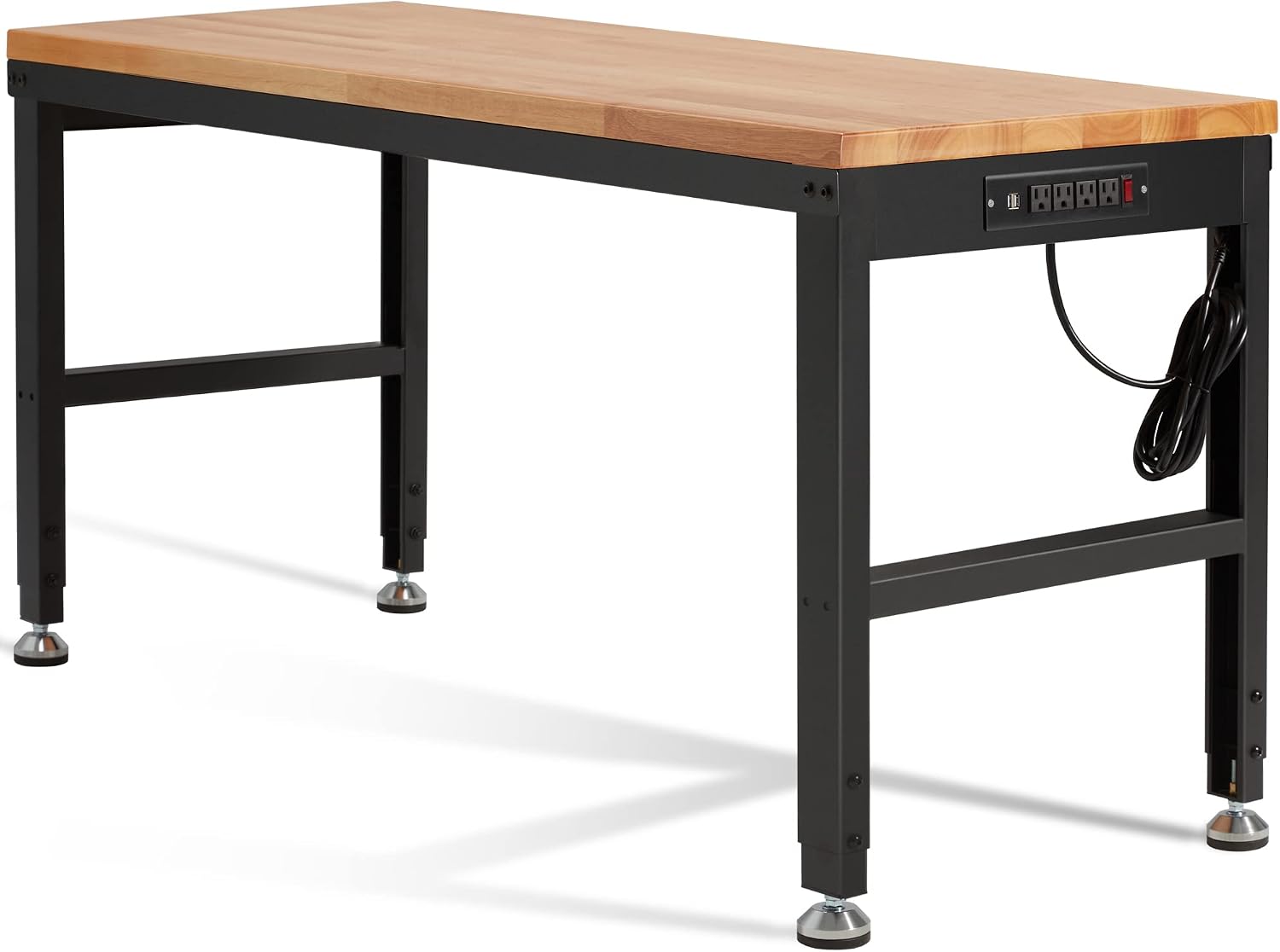 Haddockway Adjustable Workbench for Garage, 60' x 22' Rubber Wood Top Worktable with Power Outlets, Max 2000 Lbs Load Capacity Heavy Duty Workstation for Workshop Office Home (Black Frame, 60in)