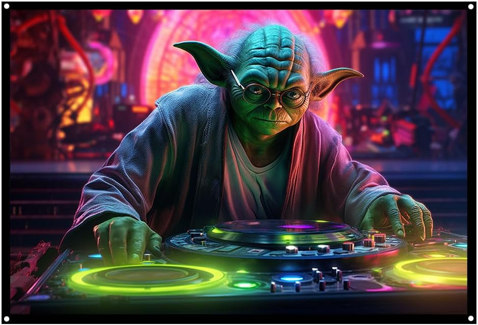 DJ Master Yoda, UV tapestry, Blacklight Reactive Wall Hanging, Neon Backdrop, Party Decor, Psychedelic Tapestry, Visionary Wall Art (Large)