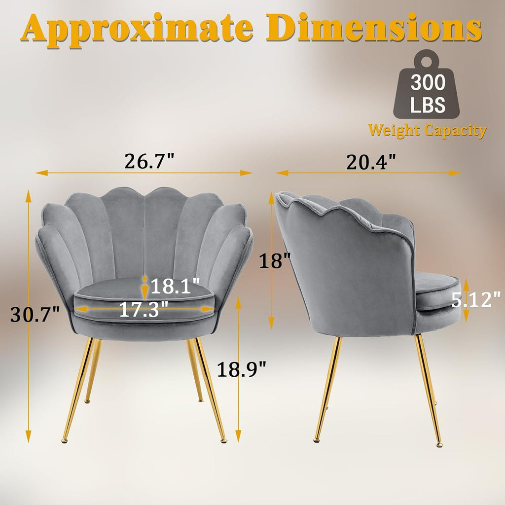 Czlolo Accent Chairs Set of 2 for Living Room, Velvet Upholstered Makeup Room Vanity Chair with Back, Golden Metal Legs Small Accent Side Chair for Bedroom, Cloud Chair Set, 2 Pcs Light Grey