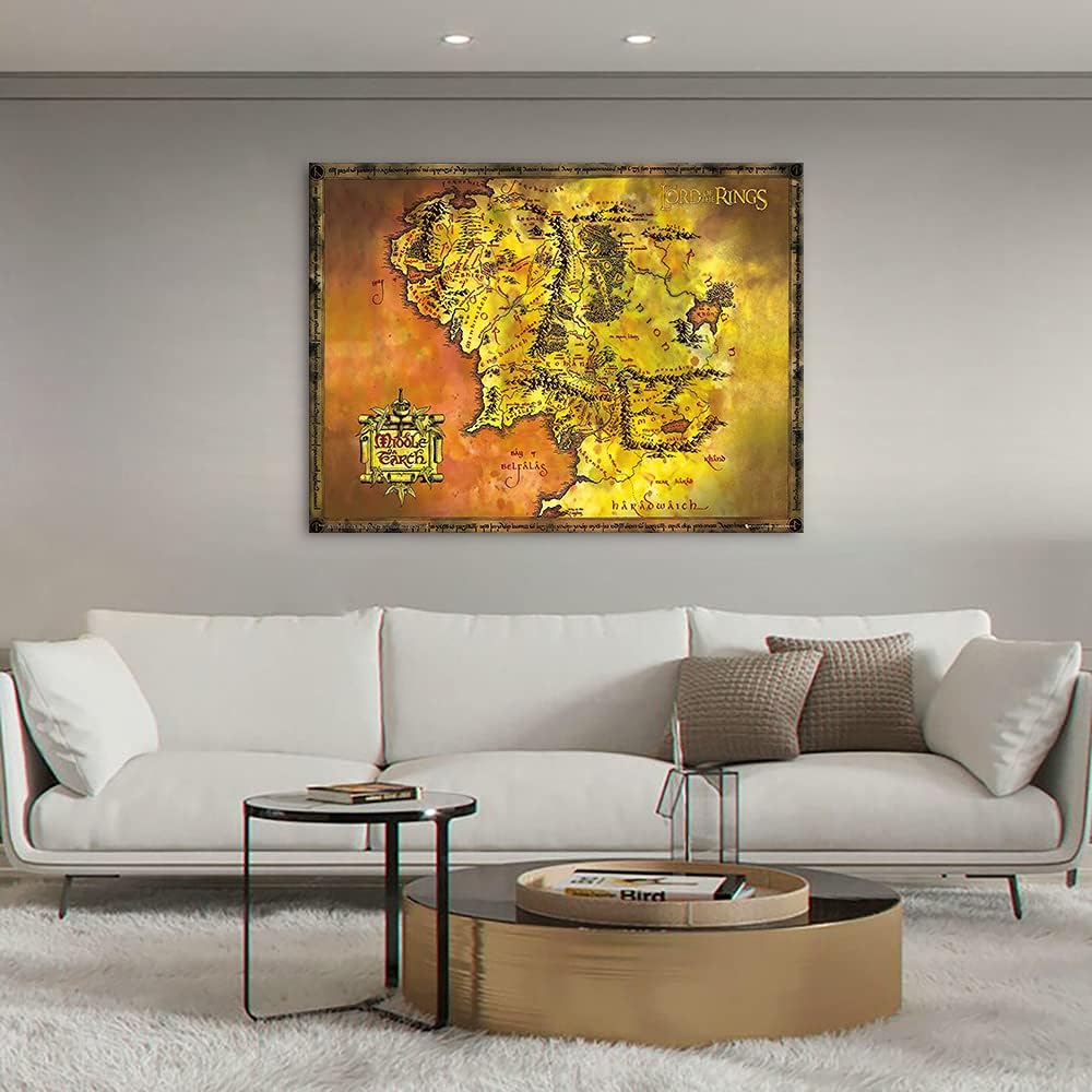 GUTTATY Middle Earth Map Canvas Wall Art Movie Map HD Print- Retro Middle Earth Map Canvas Painting for Home Wall Decor, Vintage Movie World Map Poster Framed Artwork for Home Office Decor(32 Hx48 W)