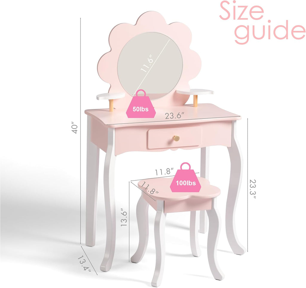 Spirich Kids Vanity, Girls Vanity Set with Mirror and Stool and Lights, Kids Vanity Table and Chair Set, Wooden Princess Makeup Desk Dressing Table (Flower Shape with LED Strip)