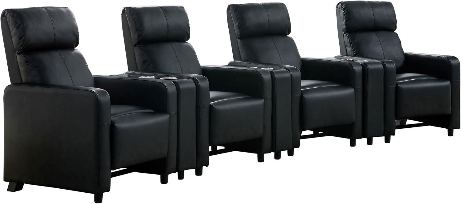 Coaster Home Furnishings - Toohey - Faux Leather - 7-piece Theater Seating with Consoles and Recliners with Tufted Backrests and Slim Track Armrests - Living Room, Home Theater - Black - 600181-S4A