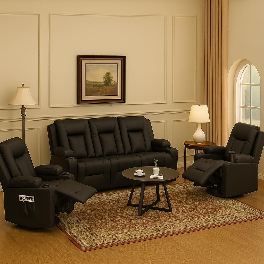 LUCKLIFE Leather Recliner Sofa Set with Manual Recliners,Living Room Furniture Set with Reclining Couch,Loveseat and Armchair,Living Room Chair with Cup Holders,Black (3+1+1)