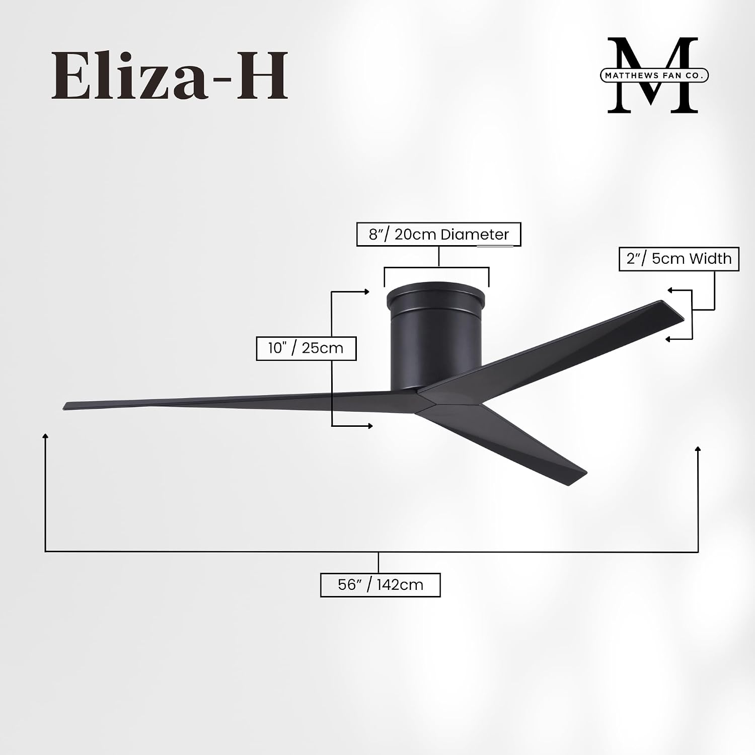 Matthews EKH-BK-BK Eliza Damp Rated 56' Flush Mount Ceiling Fan with Remote & Wall Control, DC Motor, Matte Black