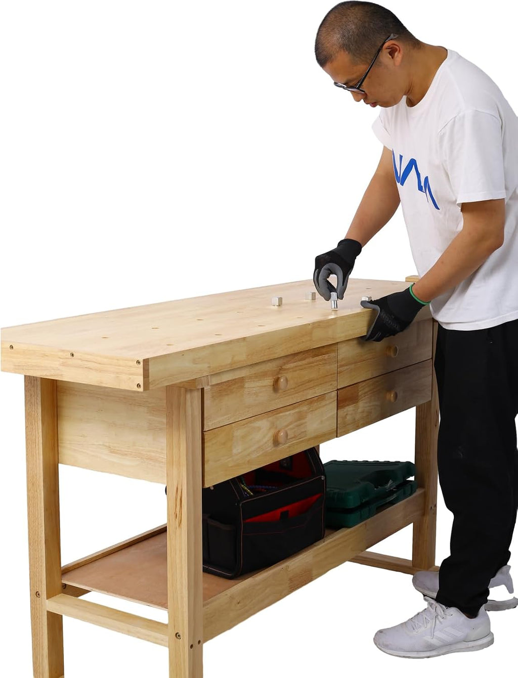 Montary 60-Inch Wood Workbench - Rubber Wooden Heavy Duty Work Bench with 4-Drawer & Shelf, 450lbs Weight Capacity Work Bench for Garage Workshop, Woodworking and Home