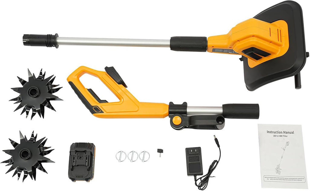 Cordless Tiller Cultivator for Gardening, 20V Electric Garden Tiller, 2Ah Battery Powered Garden Rototiller with Charger, Handheld Rotary Tillers for Lawn Gardening Soil Cultivation