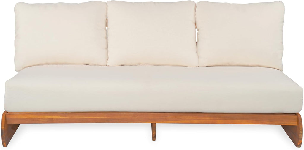Christopher Knight Home Poppy Acacia Wood Outdoor 3 Seater Sofa with Cushion, Wooden Patio Sofa Couch with Cushion, Comfy Armless Cloud Sofa Couch, Patio Furniture Sofa Set, Teak+Beige