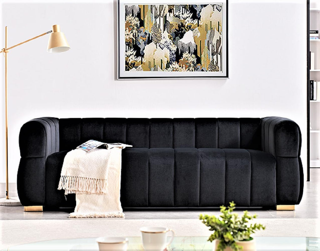Container Furniture Direct Art Deco Velvet Sofa with Tufted Low Back Design, Sophisticated 3 Seater Couch for Living Rooms, 89 Inch Wide, Easy Assembly, Black