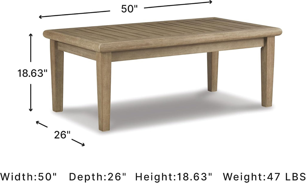 Signature Design by Ashley Gerianne Outdoor Coffee Table, Eucalyptus Wood With 5‑Step Protective Finish & Slatted Top for Rain Shedding, Durable for Outside Patio Use, Brown