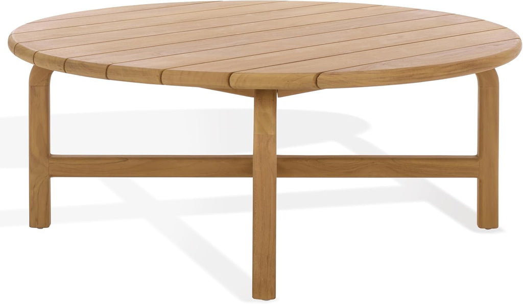 SAFAVIEH Couture Outdoor Patio Furniture Collection – Rogers Natural Teak Solid Wood Round Slatted Coffee Table, Modern Outdoor Living (CPT2015)