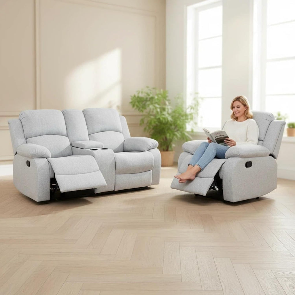 Manual Linen Recliner Sofa Set, Adjustable Backrest Reclining Loveseat Sofa & Recliner Chair with Storage Console & Cup Holders for House, Home Theater, Grey