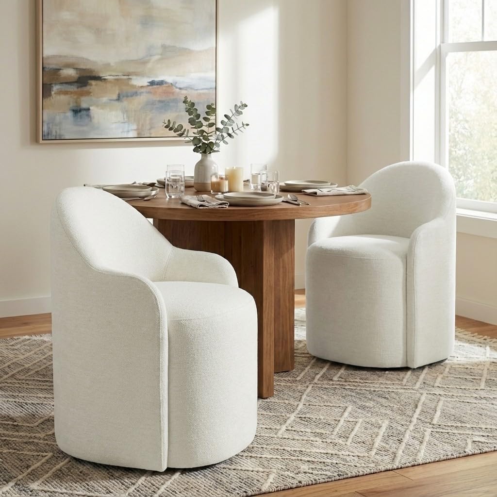 KISLOT Upholstered Dining Chairs with Casters, No Assembly Modern Dining Room Chairs Accent Vanity Chair with 5 Wheels & Round Backrest for Bedroom, Living Room, Dressing, Linen Fabric, Set of 2