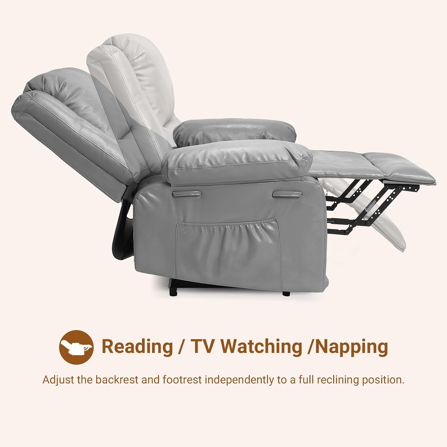 Power Lift Recliner Chair - Electric Recliner with Massage & Heat, PU Leather Living Room Chair, Remote Control & Side Pocket for Elderly Adults, Grey