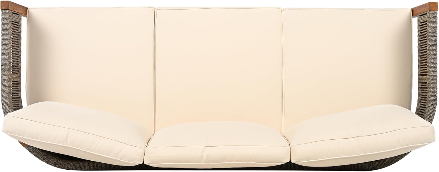 Christopher Knight Home Rekker Patio Acacia Wood 3-Seater Sofa, Patio Furniture Set 3-Seater Outdoor Sofa, Tub Design Outdoor Couch with Woven Rope and Removable Cushion,Comfy Reading Chair,Teak+Beige