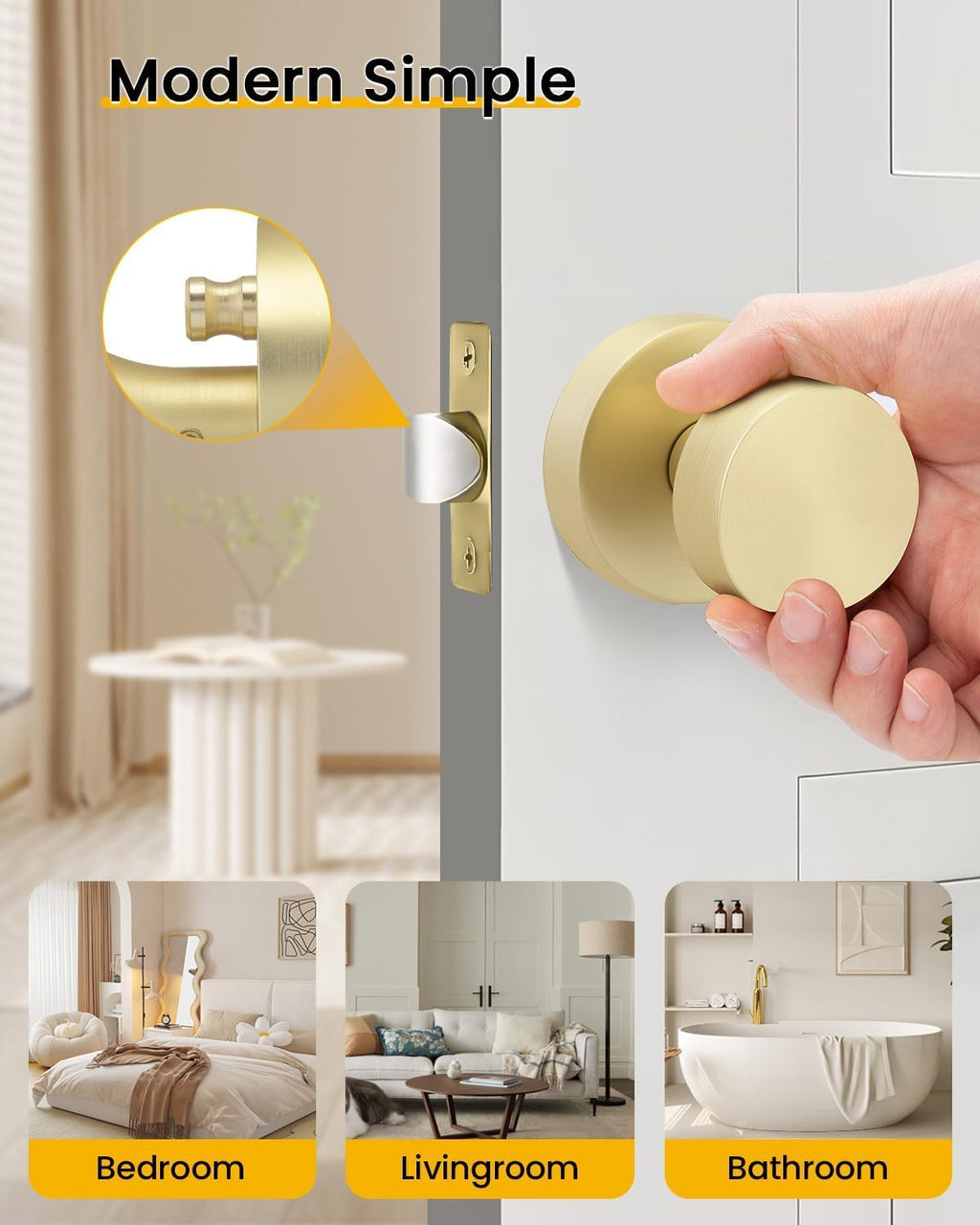 Goldenwarm Gold Door Knobs Interior, Zinc Alloy Brushed Gold Privacy Door Knob, Interior Door Knobs for Bedroom, Bathroom, Brushed Brass Indoor Door Knob, Heavy Duty Round Ball (5 Pack)