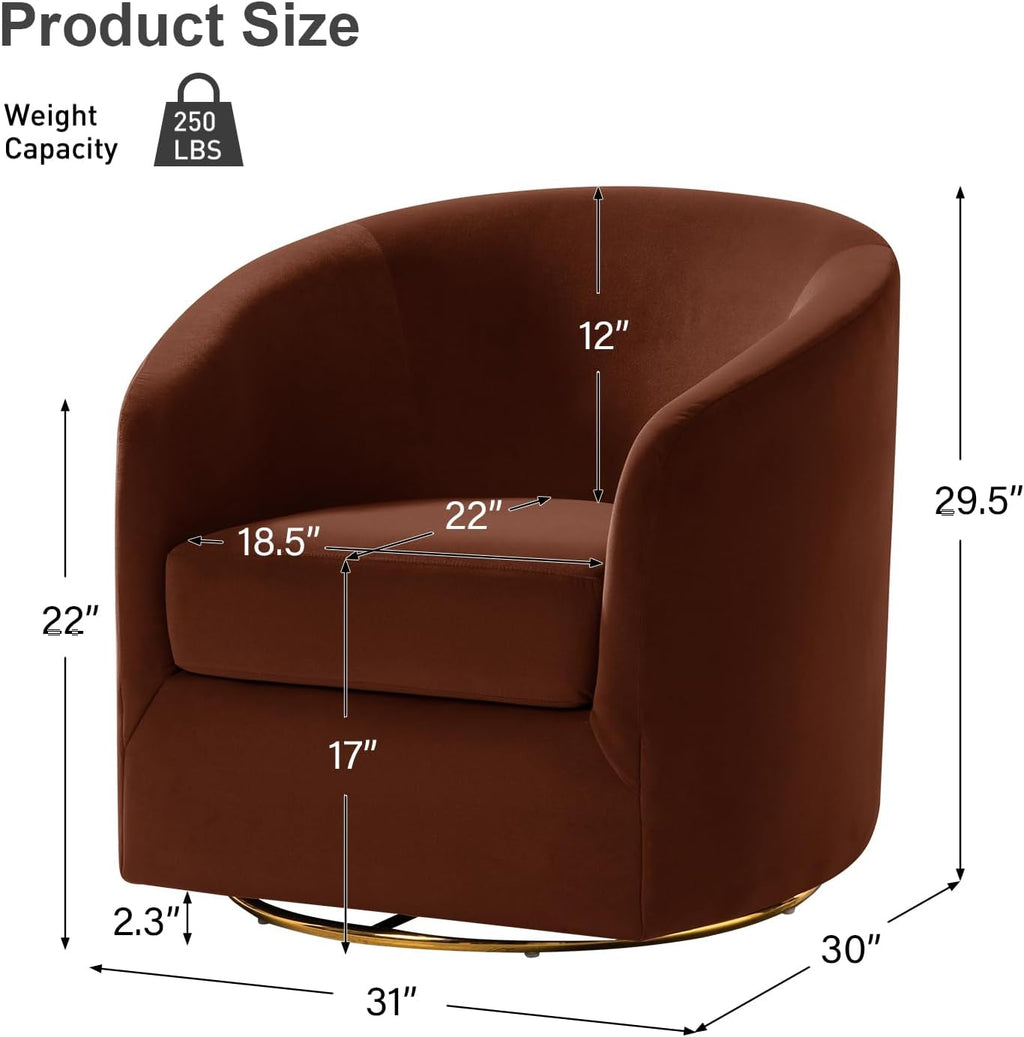 HULALA HOME Swivel Accent Chair with Gold Metal Base, Set of 2 Contemporary Velvet Curved Swivel Barrel Chair, Upholstered Club Armchair, Leisure Single Sofa for Living Room, Bedroom(Burn-Brick)