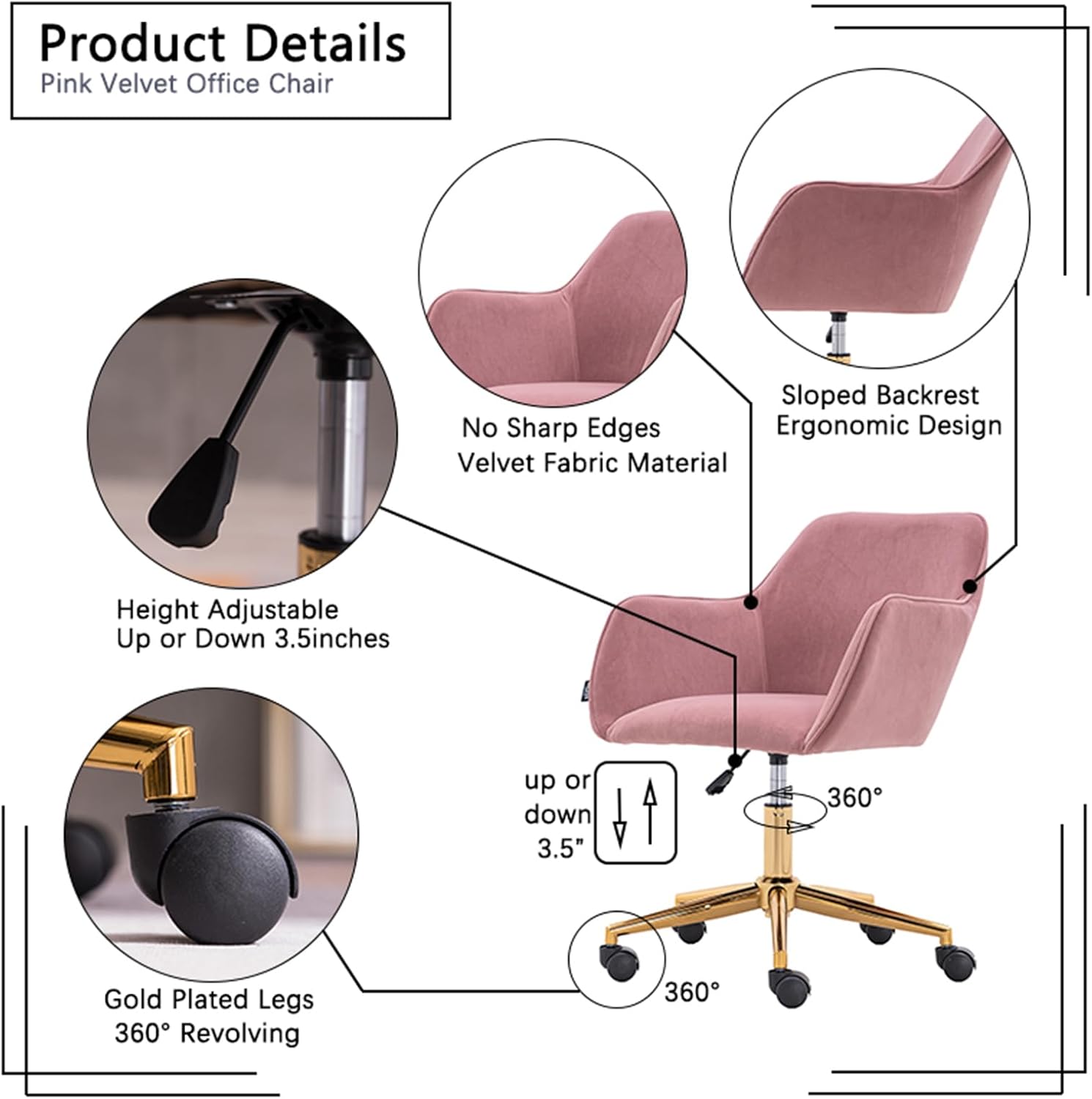 Modern Velvet, Height Adjustable, 360° Swivel Office Chair, Upholstered Cosmetic Dresser Armchair with Metal Feet and Backrest, Bedroom Furniture Pink