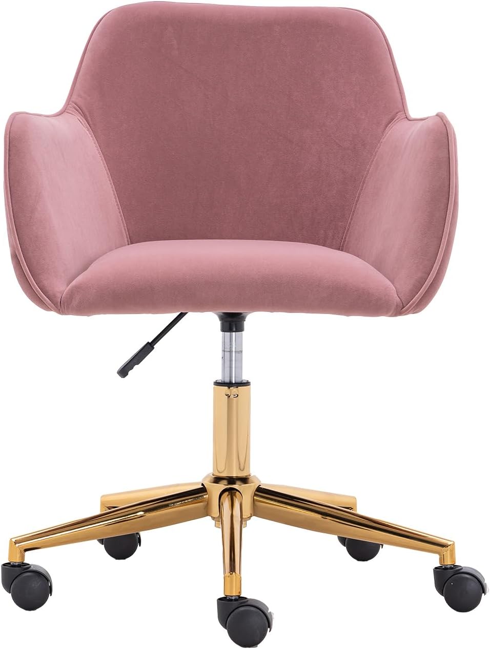 Modern Velvet, Height Adjustable, 360° Swivel Office Chair, Upholstered Cosmetic Dresser Armchair with Metal Feet and Backrest, Bedroom Furniture Pink