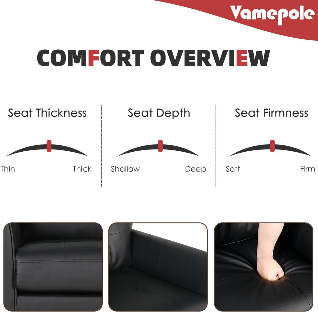 60' Loveseat Sofa for Living Room, Mid Century Mini Black Couch, Tufted Leather Love Seat Furniture, Comfy Office 2 Seat, Small Couches for Small Spaces, Bedroom, Apartment