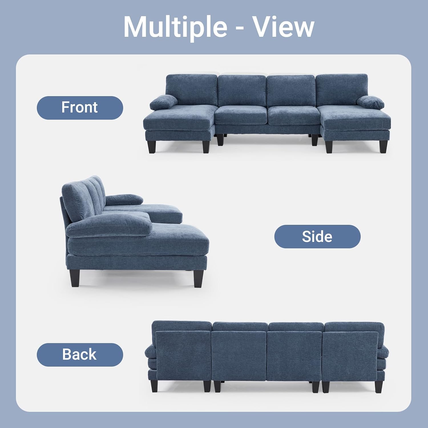 VINGLI 110' Sectional Couches for Living Room,U Shaped Couch with Double Chaise, 4-Seat Sofa Set with Corduroy Fabric for Home Furniture,Ocean Blue