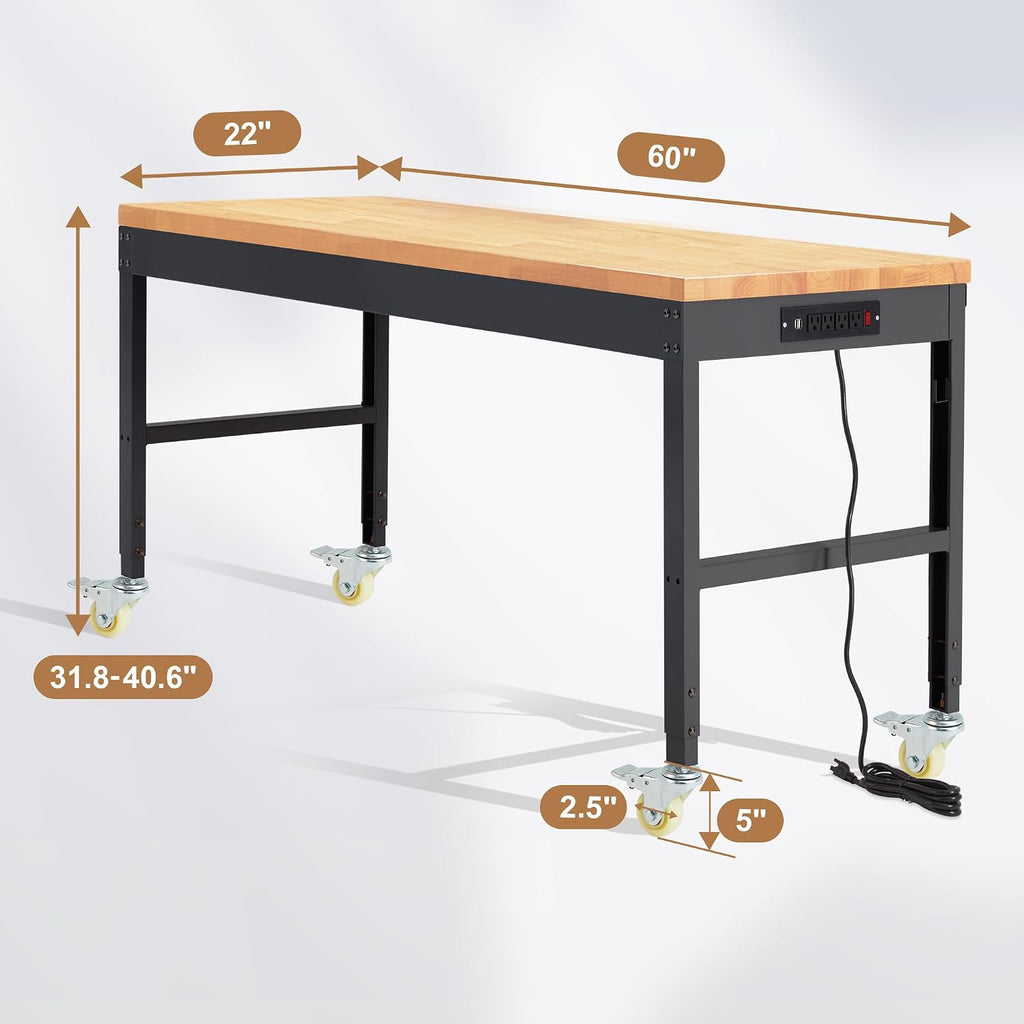 HABUTWAY Height Adjustable Workbench with Wheels 60' 2000 Lbs Capacity Solid Wood Work Station Heavy-Duty Rolling Work Tables for Garage Party Shop Office