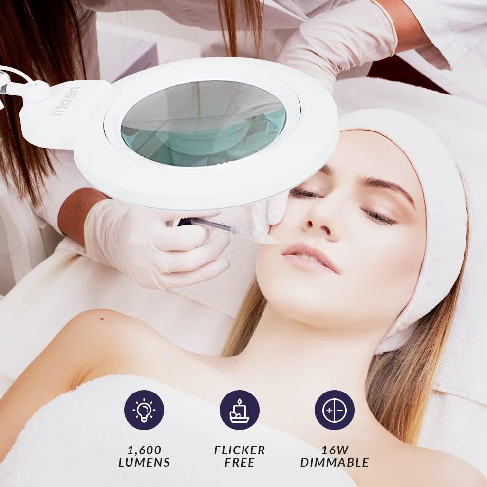 Neatfi XL Bifocal LED Magnifying Lamp, 7' Acrylic Lens, 2.25X/6X, 1,600 Lumens Dimmable | 3 Light Modes, Adjustable Arm & Clamp | Reading, Crafting & Jewelry (White, 7-inch Lens, CCT with Clamp)