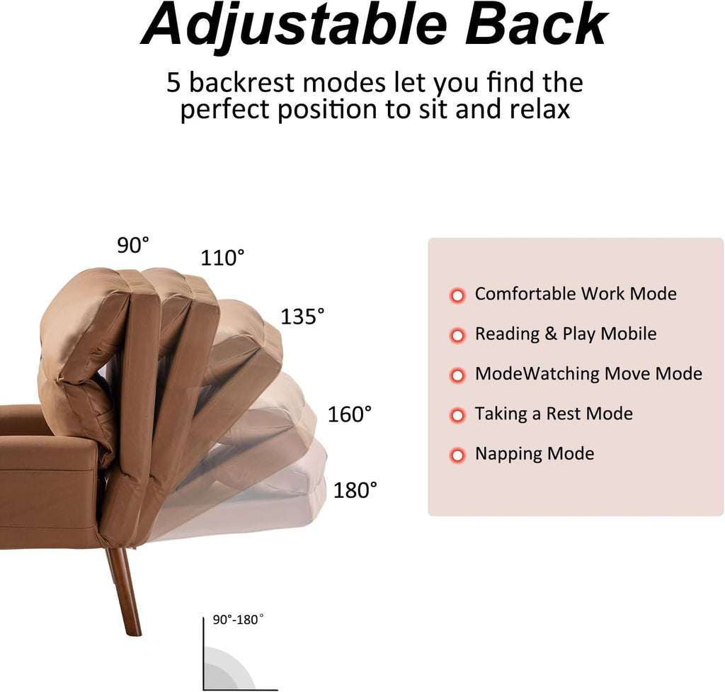 INZOY Accent Chairs with Ottoman, Velvet Fabric Armchair with Ottoman for Bedroom Living Room, Mid Century Modern Chair with Adjustable Backrest and Side Pockets, Camel