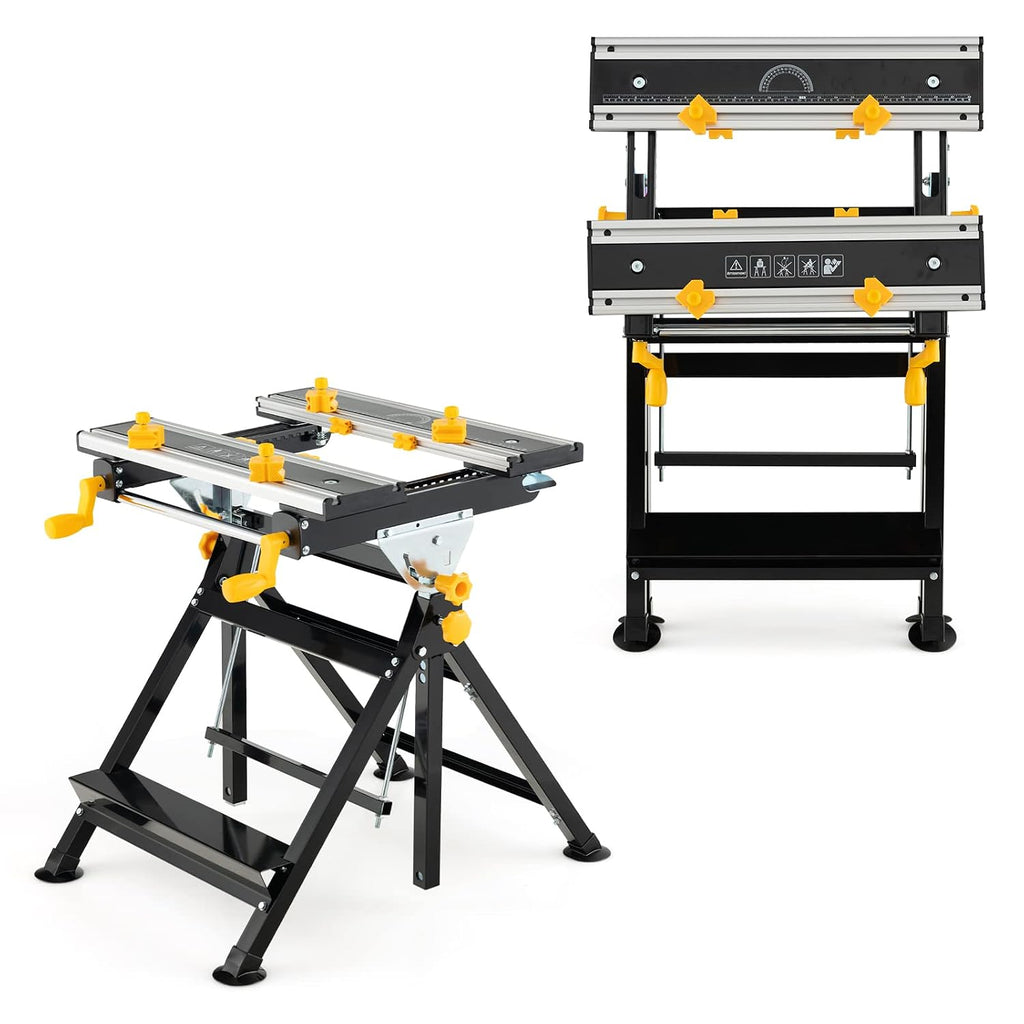 Portable Workbench, Folding Work Bench and Vise with 2 Rotary Handles, 7-Level Adjustable Height, 8 Sliding Clamps, Tiltable & Extendable Tabletop, Workbench Table for Garage, Workshop