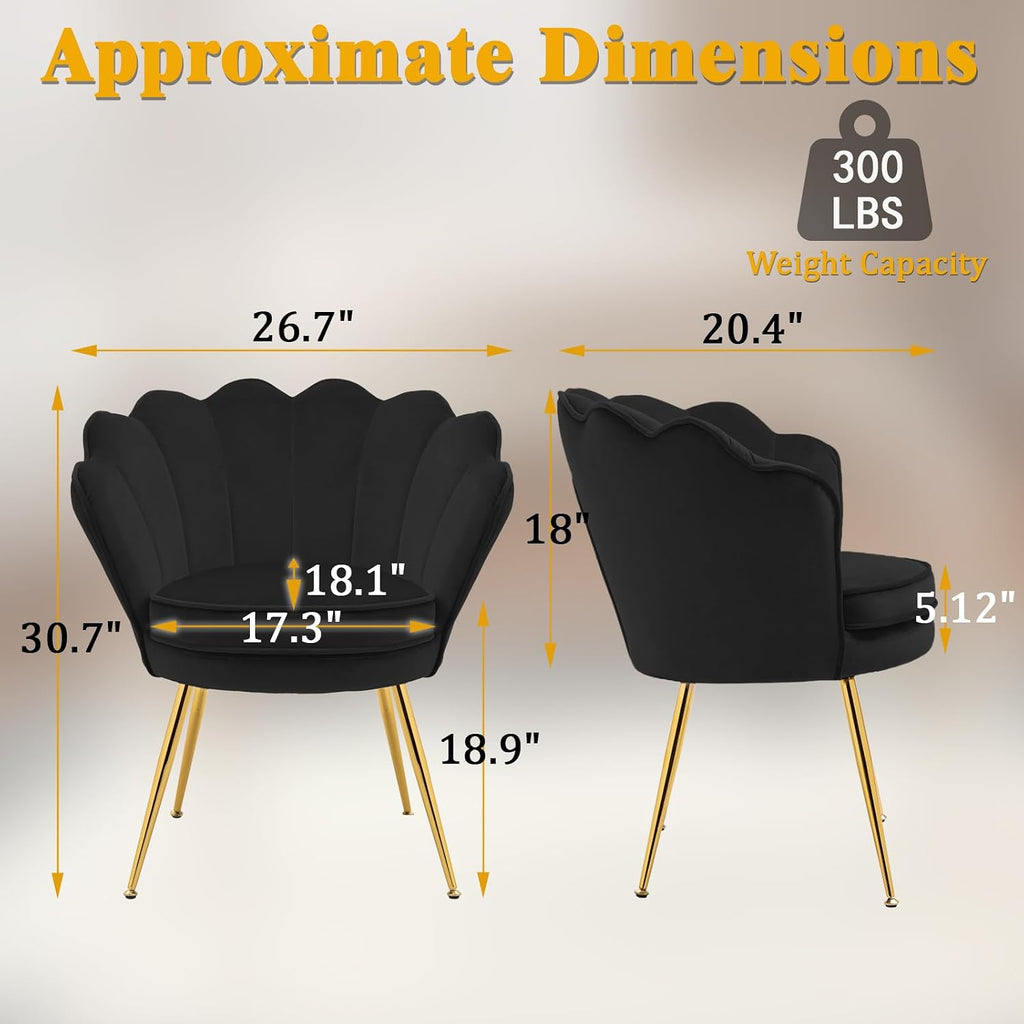 Czlolo Accent Chairs Set of 2 for Living Room, Velvet Upholstered Makeup Room Vanity Chair with Back, Golden Metal Legs Small Accent Side Chair for Bedroom, Cloud Chair Set, 2 Pcs Black