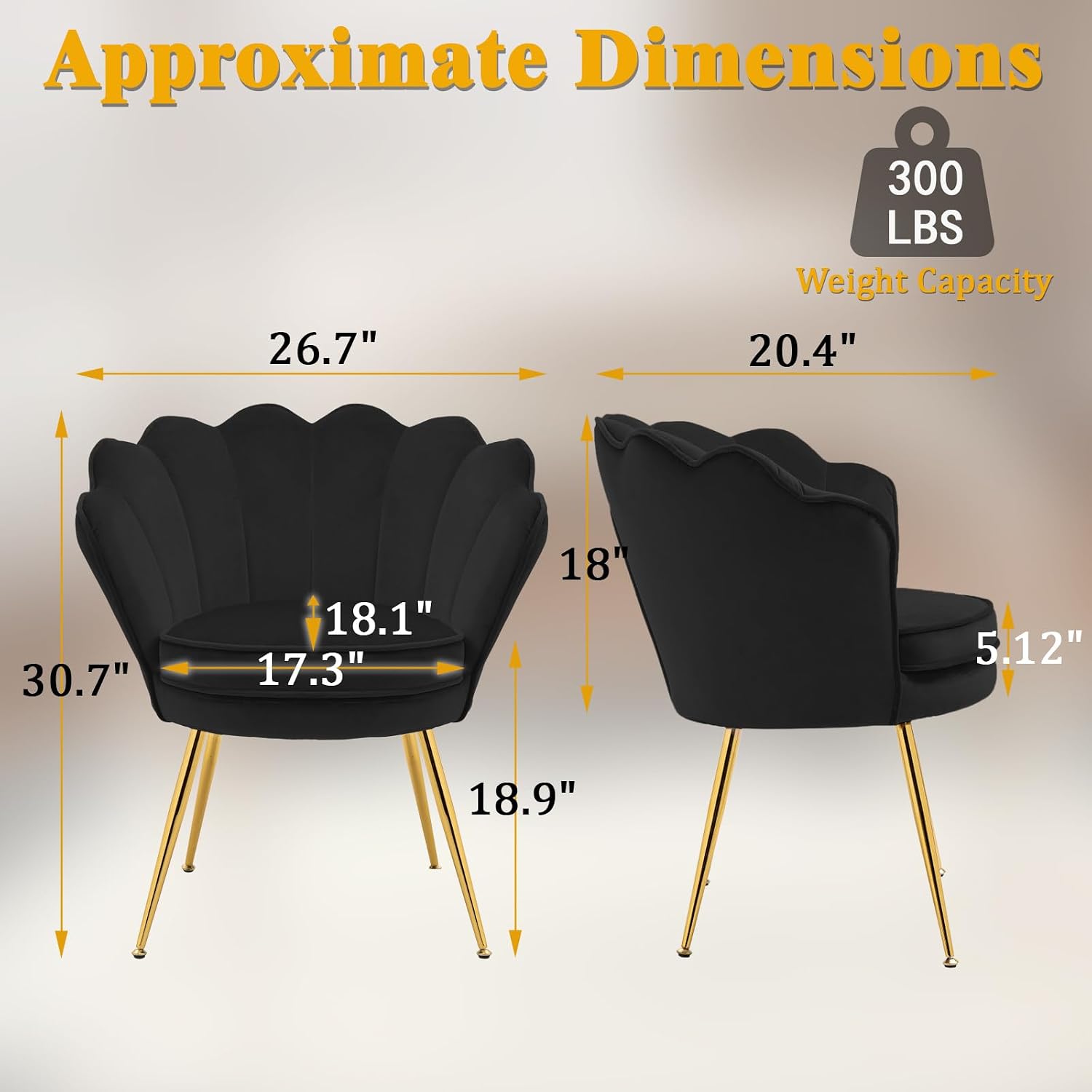 Czlolo Accent Chairs Set of 2 for Living Room, Velvet Upholstered Makeup Room Vanity Chair with Back, Golden Metal Legs Small Accent Side Chair for Bedroom, Cloud Chair Set, 2 Pcs Black
