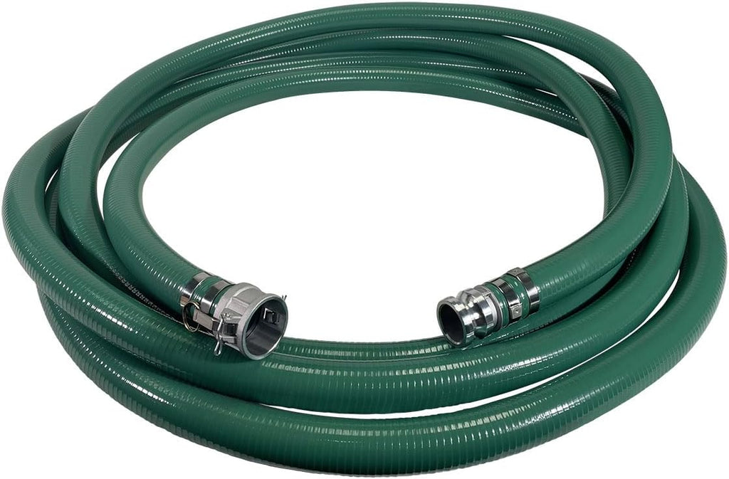 Gloxco Heavy Duty Green PVC Suction Hose Assembly for Water Transfer, 2' Inside Diameter, Installed Male x Female Cam and Groove Fittings, 33 ft Length