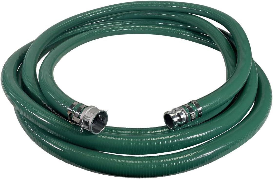 Gloxco Heavy Duty Green PVC Suction Hose Assembly for Water Transfer, 2' Inside Diameter, Installed Male x Female Cam and Groove Fittings, 33 ft Length